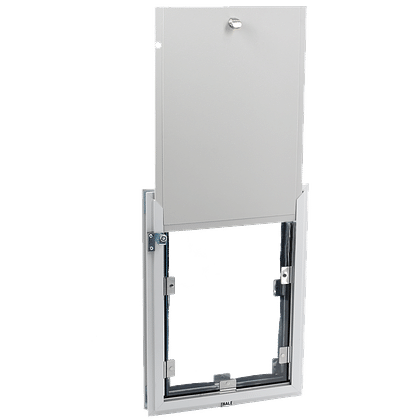 A Hale pet door with its locking security cover slid open, showing the aluminum frame and flap