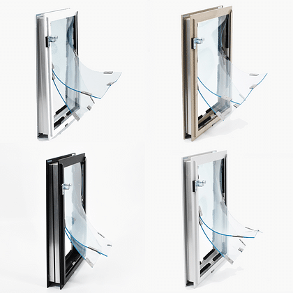 Hale In-Glass pet doors in four frame colors with clear double flaps for sliding glass and French doors