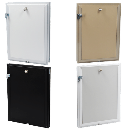 Hale Door Models in white, champagne, black, and silver with locking security covers